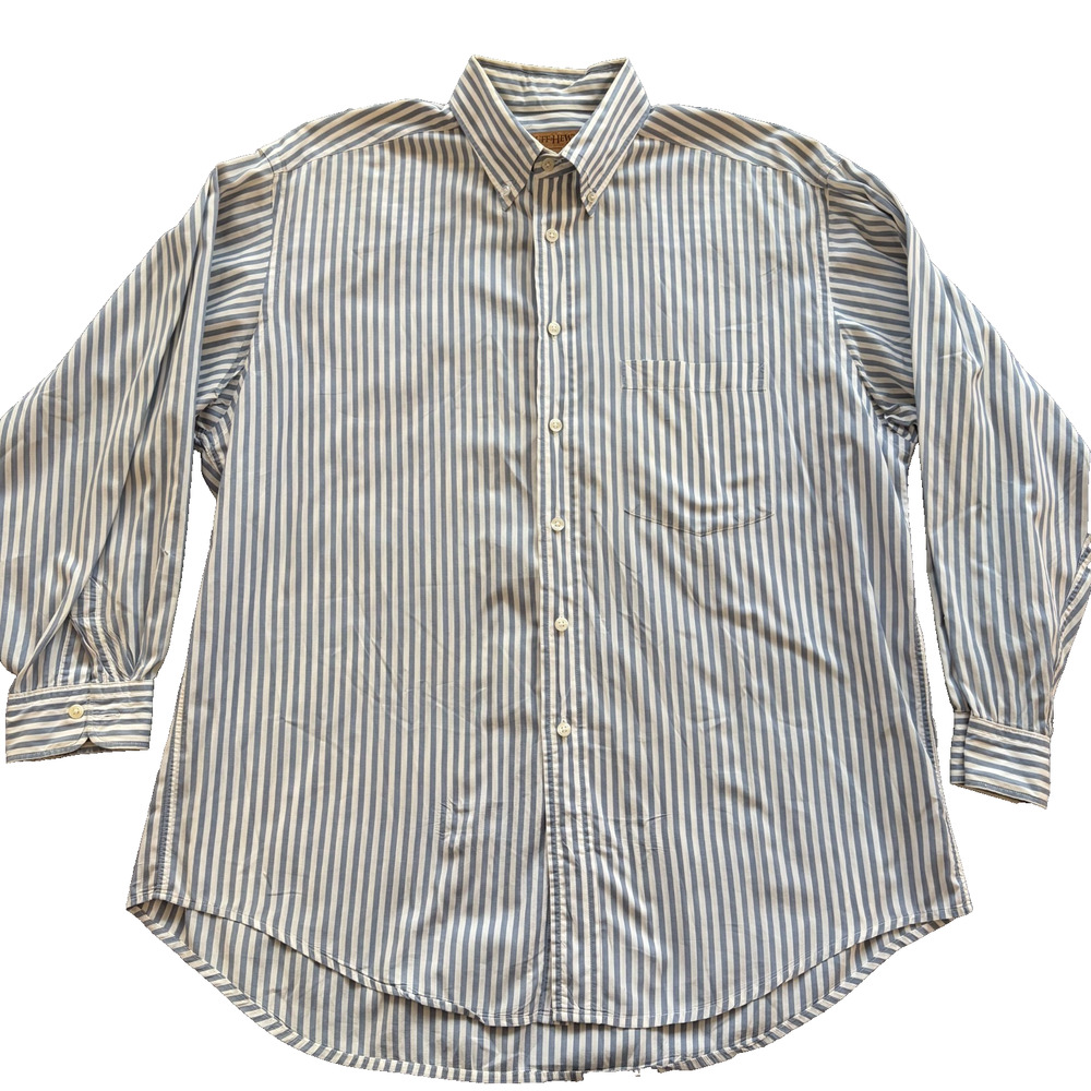 Ruff Hewn Men's Button Up Shirt L Blue White Striped Large Made in USA Vintage